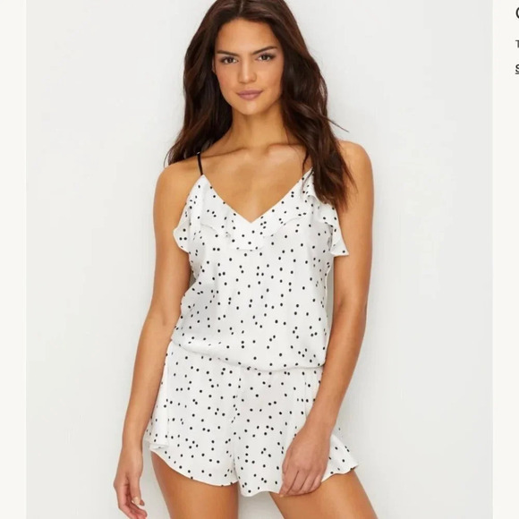 Kate Spade Satin Effect Charmeuse Pajama Romper White Black Polka Dot Size Small - Picture 1 of 9
